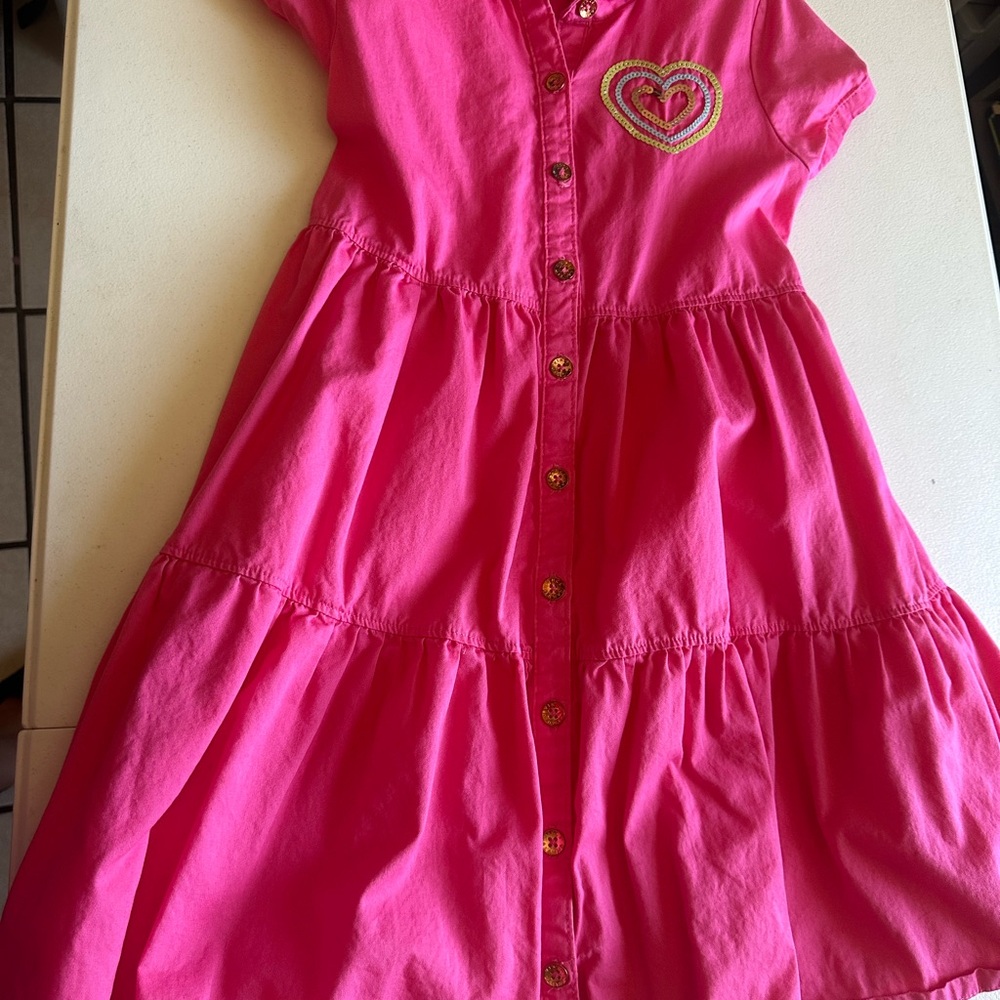 Pink Button-Up Kids Dress with Heart Embroidery